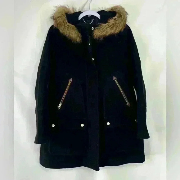 J. Crew Chateau Parka Stadium Cloth Wool Blend Coat Trim Fur Black Size 4 - Picture 3 of 13